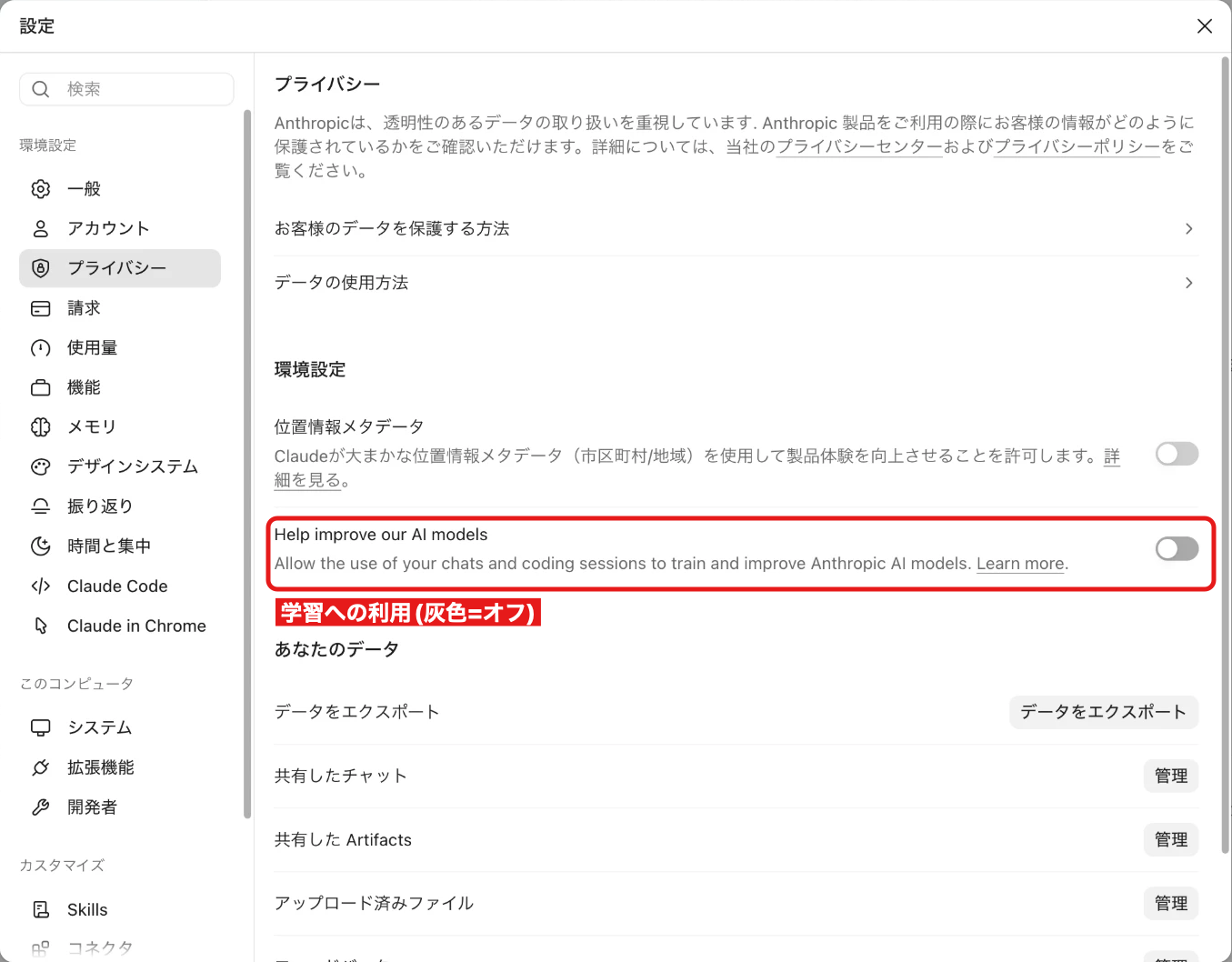 設定 > プライバシー。赤い枠が「Help improve our AI models」。灰色=オフの状態
